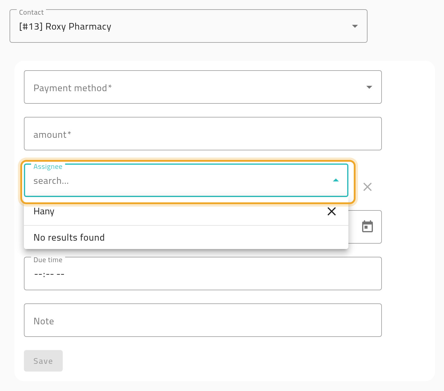 The New Collection Request form with the assignee list open: searching for an administrator returns “No results found”. The assignee field is highlighted.