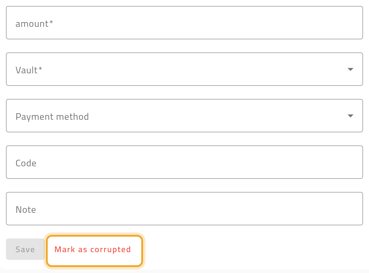 The bottom of the New Collection form, with “Mark as corrupted” highlighted next to the normal save.