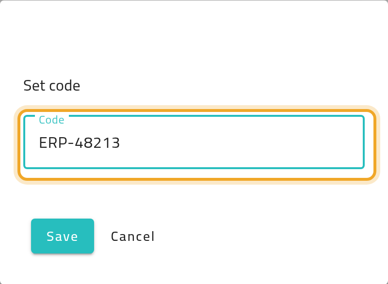The Set code dialog with a code typed into the Code field, which is highlighted, and the Save and Cancel buttons below.