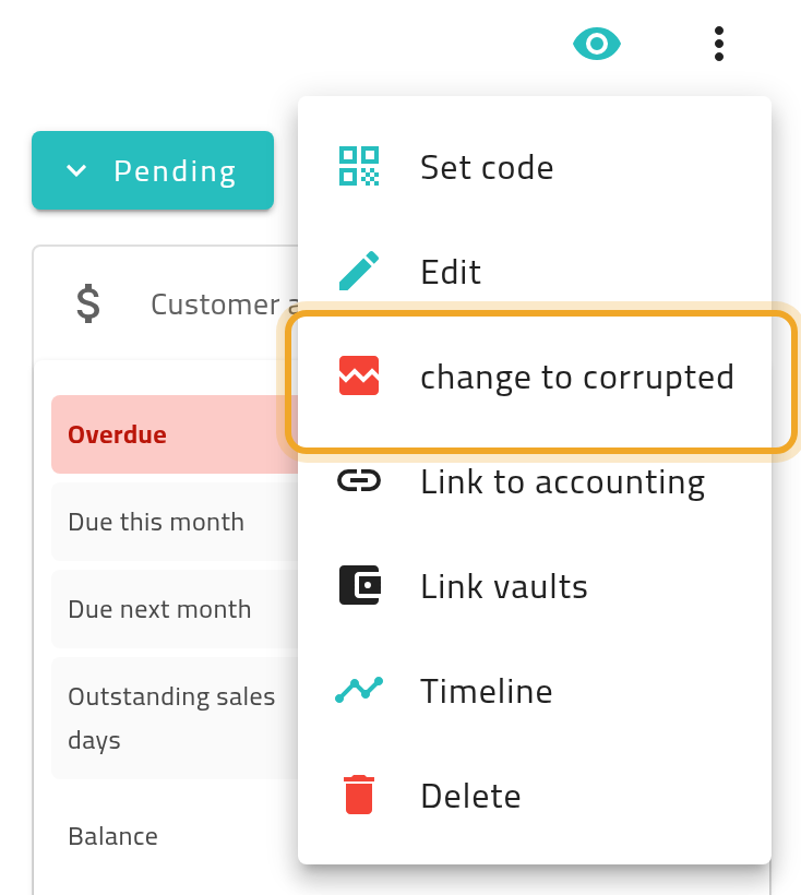The collection’s actions menu open, with “change to corrupted” highlighted.