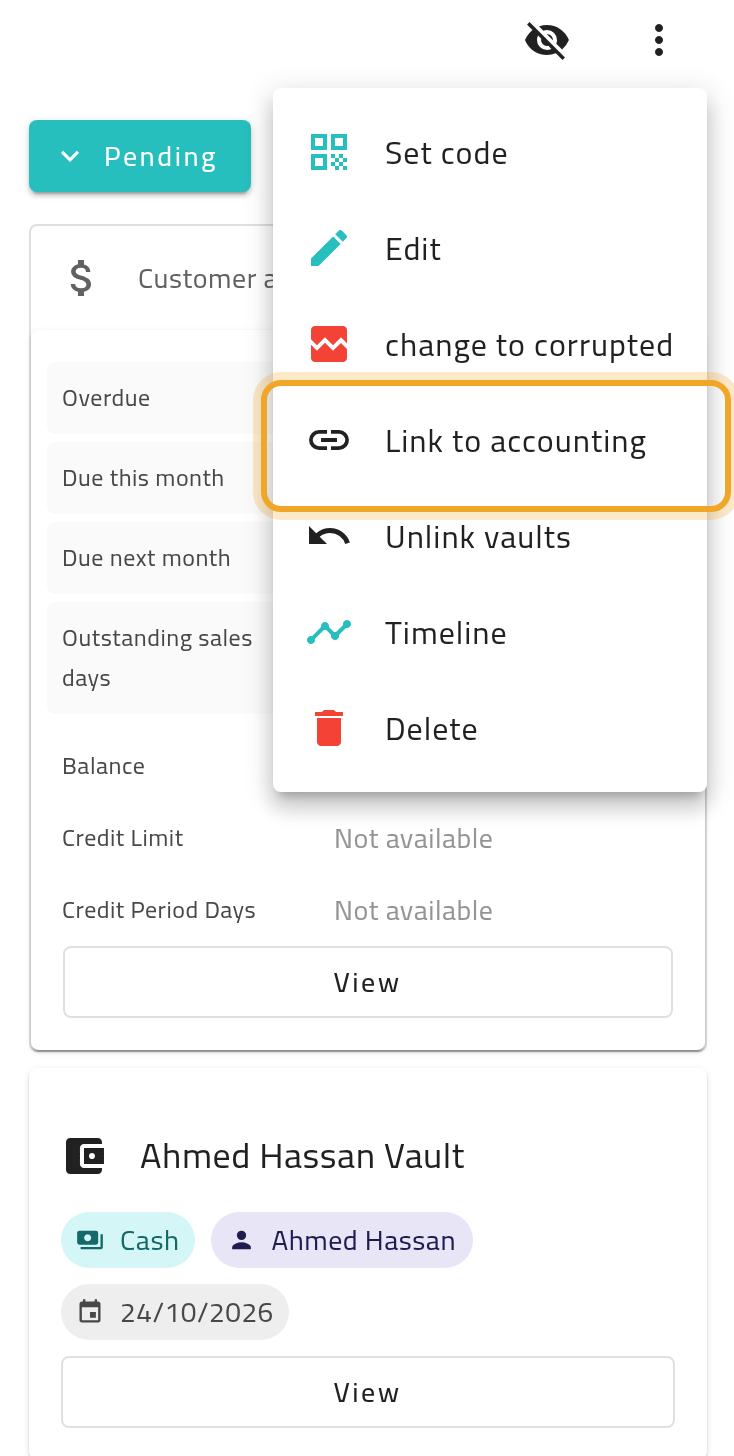 A saved collection whose vault is already linked, with “Link to accounting” still offered in its menu: the customer’s balance moves only once that link is made.