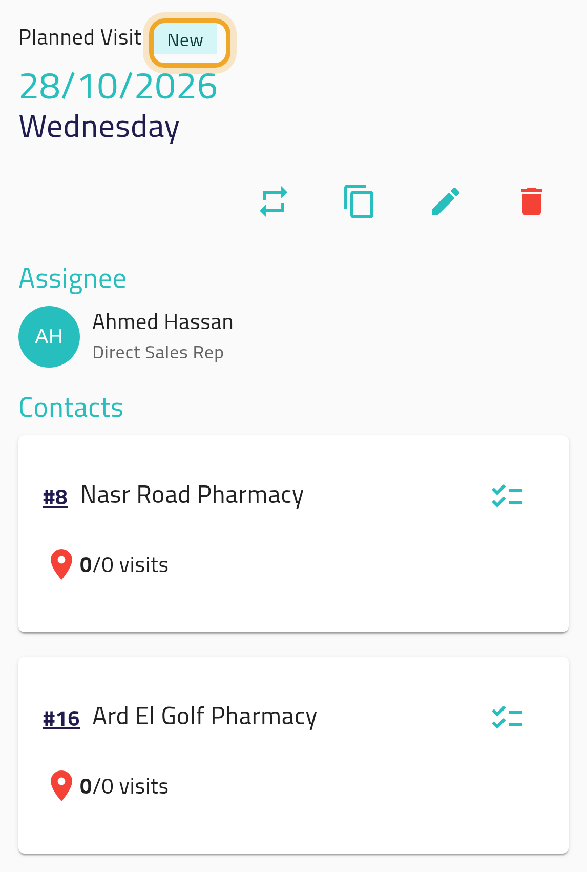 Your plan for a coming day, with its status label “New” highlighted; the plan lists two customers.