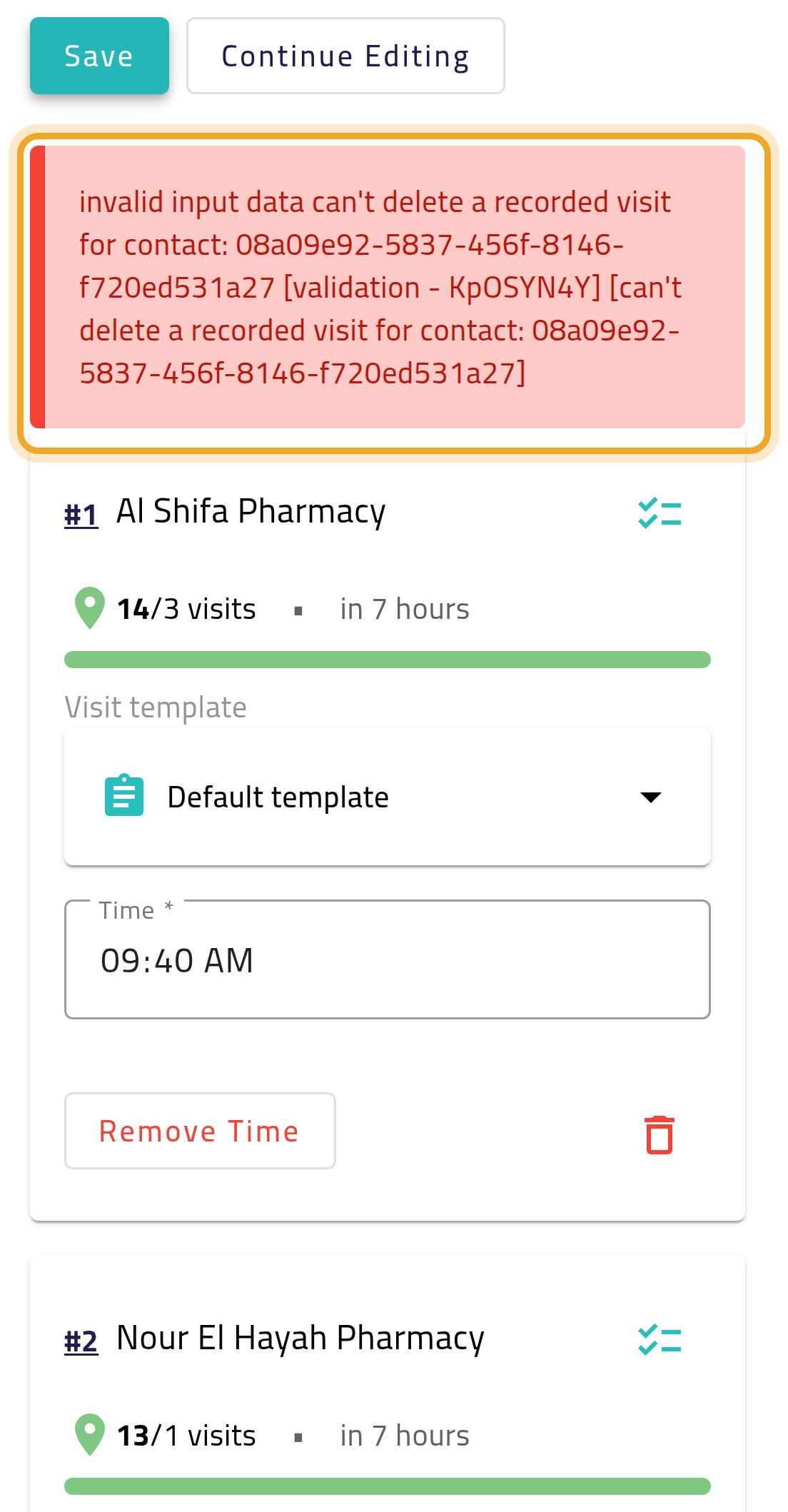 The plan editor on a phone after saving without a customer whose visit is already recorded: a red warning box above the customer list, highlighted, says the recorded visit can’t be deleted.