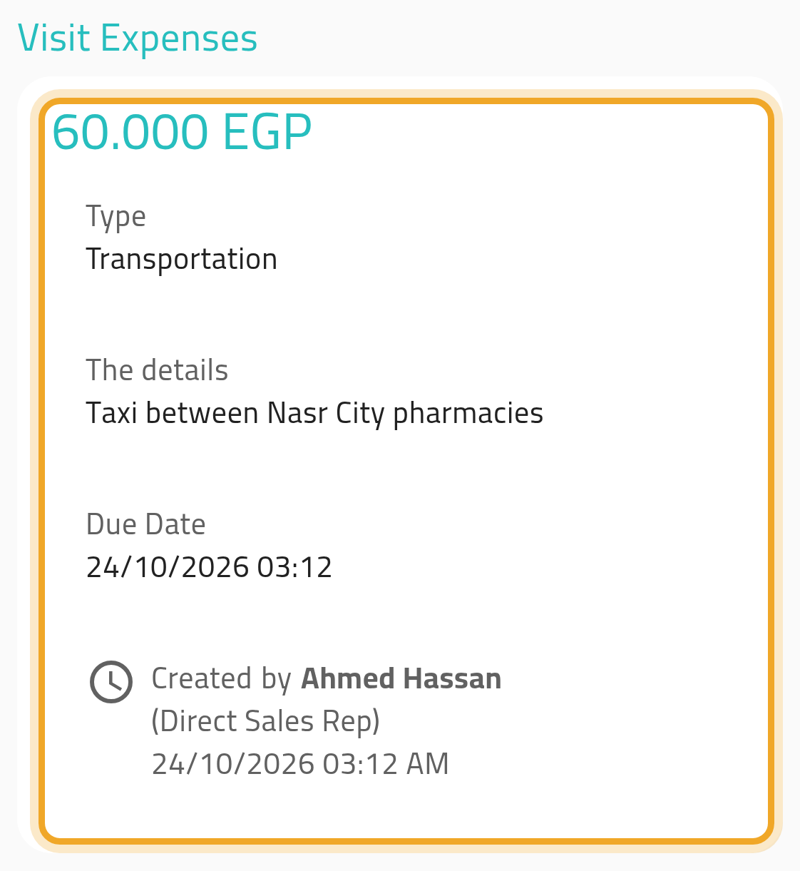 The Visit Expenses section of a visit that already has its expense (Transportation, 60 EGP), highlighted where the add button would otherwise be.
