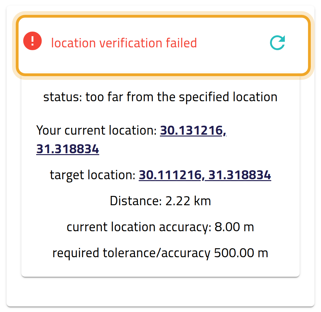 The Start Visit window on a phone: the location check reads “location verification failed”, highlighted, with the details: too far from the specified location, the distance and the required tolerance.