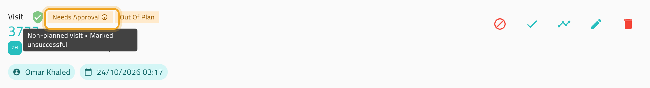 A rep’s visit seen by their manager: the “Needs Approval” badge is highlighted and its tooltip lists the reasons “Non-planned visit • Marked unsuccessful”; the approve and disapprove icons sit at the right.